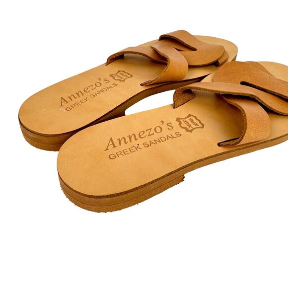 Annezo’s NEW Tan Leather Open Toe Cross Strap Slide On Neutral Greek Sandals - Picture 9 of 11